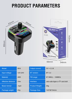 M54 car bluetooth MP3 hands-free FM transmitter music player with super fast car charger PD20W dual output (Car mp3) - m54-with-color-box