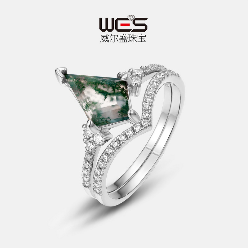 Transfronterizo de comercio exterior transmisión en vivo para S925 plata verde musgo anillo femenino plantas de agua ágata anillo de moda estilo europeo y americano