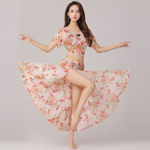 New autumn and winter large size belly dance practice clothes suit mesh oriental dance performance clothes slit skirt