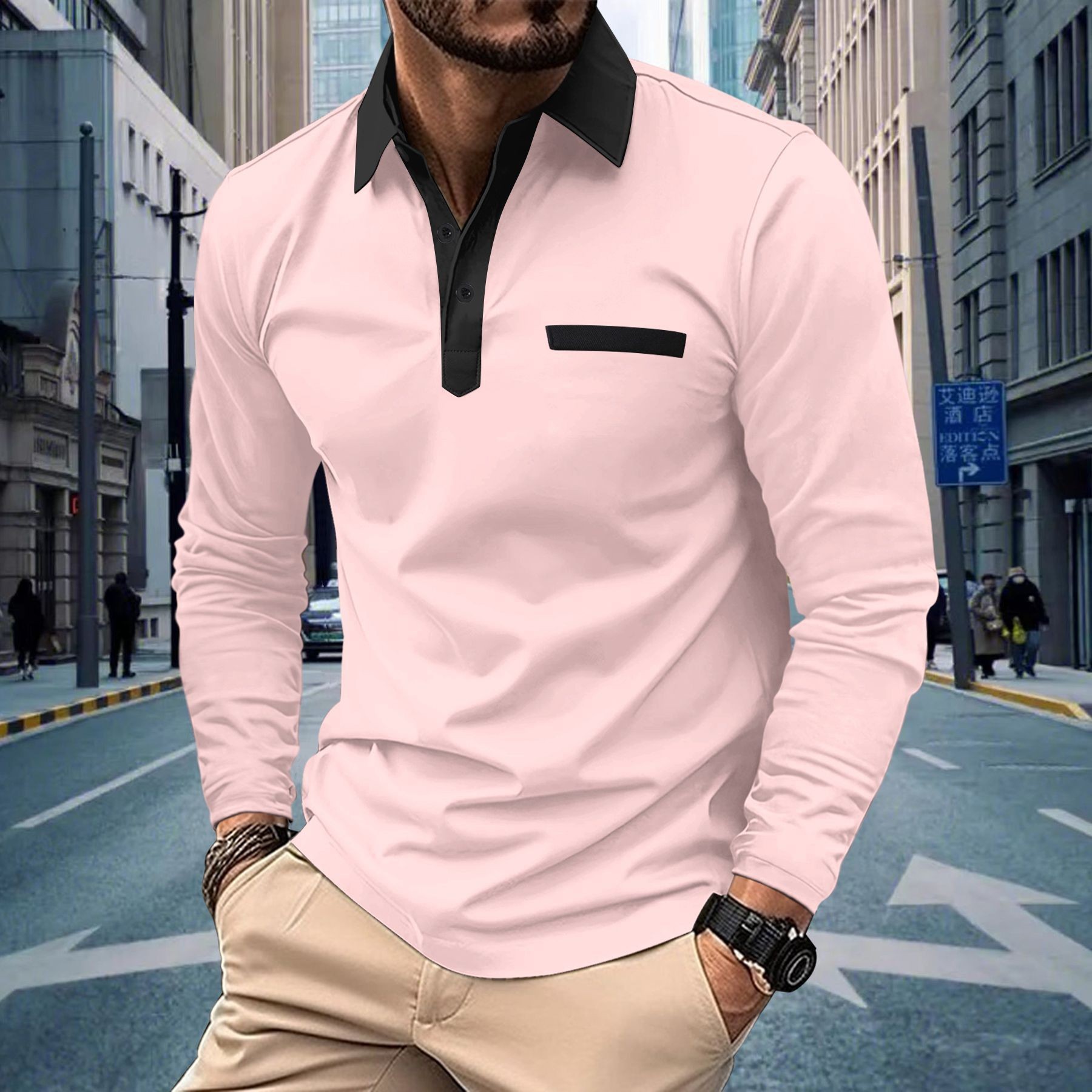 Herren Langarm Poloshirt Mit Button-down-kragen Und Color-block_voghion.com