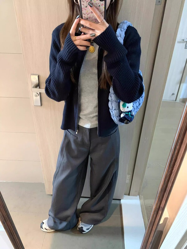 OOKSTUDIOS拉链毛衣针织开衫女2025秋季辣妹短款显瘦百搭外套潮|undefined