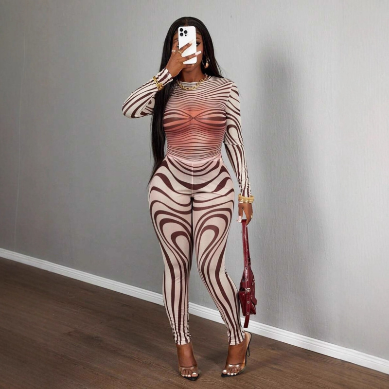 2025 European and American Cross-Border New Women's Casual Street Style Sexy Translucent Slim Long-Sleeved Tops and Pants