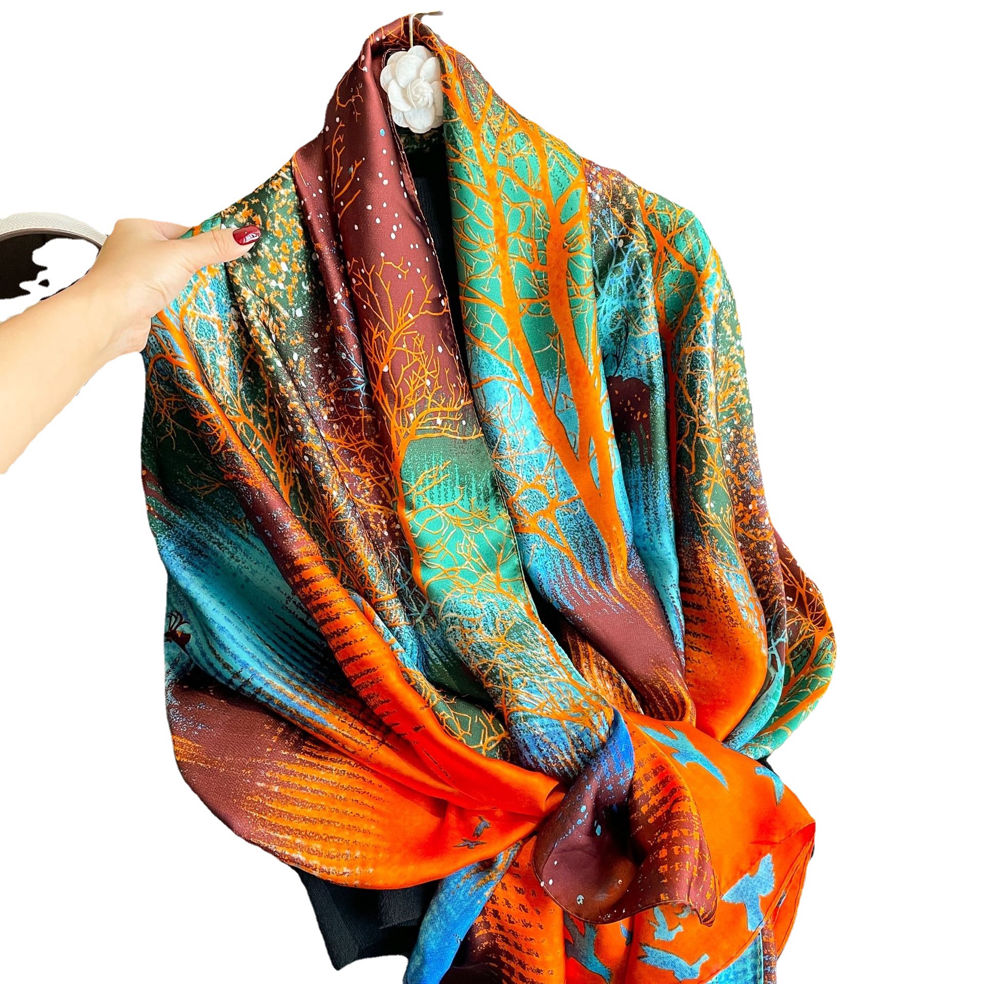 2023 primavera y verano caliente nuevo árbol de la vida impreso bufanda larga al aire libre de doble uso chal Toalla de playa bufanda de seda artificial