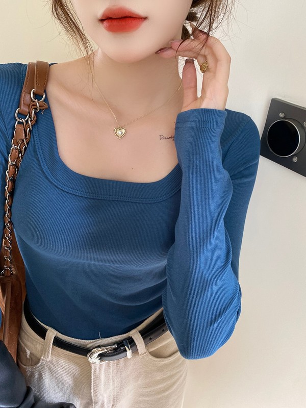 蓝色方领打底衫女装内搭2025新款春夏季正肩显瘦修身长袖恤上衣|undefined