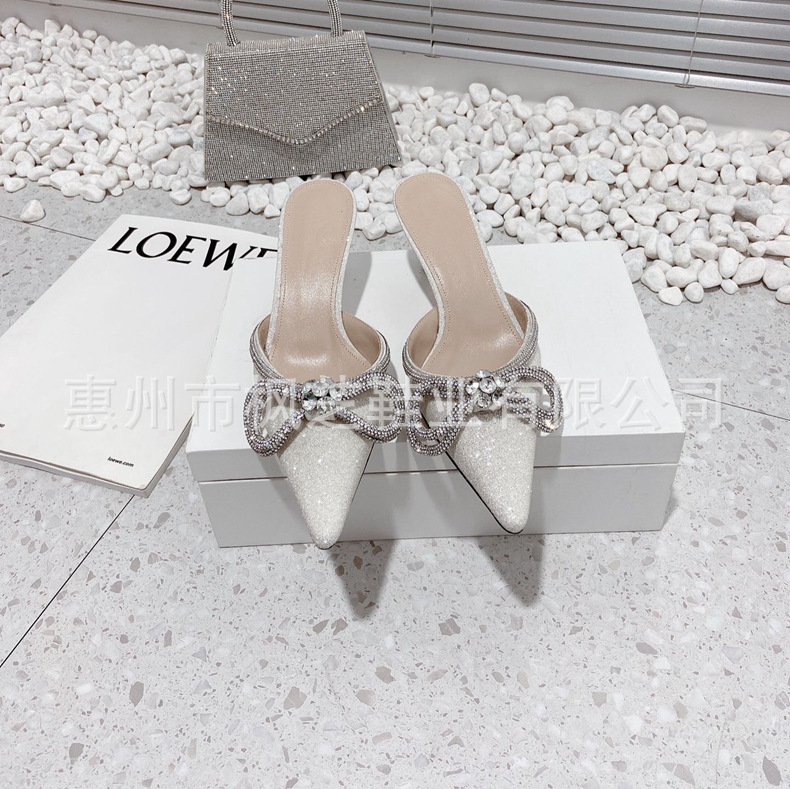 New Style Summer Pointed Stiletto Heel Half Slippers High Heel Slippers European and American Style Bow Toe High Heel Slippers All-Match Outer Wear