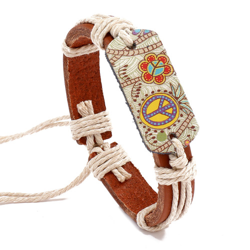 Vintage Bestselling Leather Bracelet Genuine Leather Bracelet Unisex Jewelry Ethnic Style Engraved Peace Symbol Bracelet Wholesale