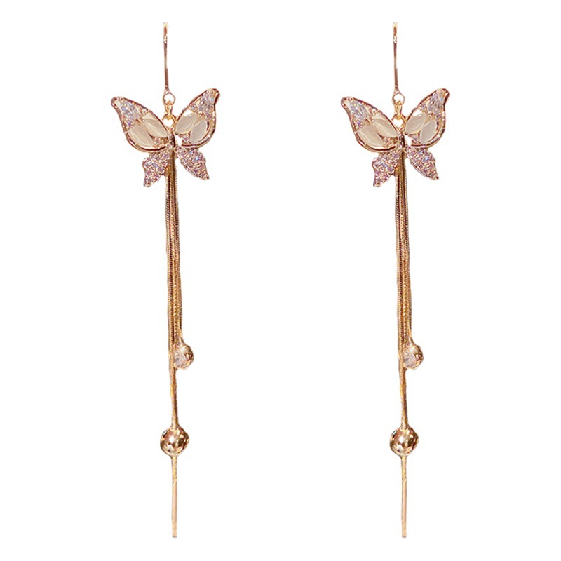 S925 aguja de plata Corea del Sur Dongdaemun elegante micro con incrustaciones de circón mariposa borla anti-perdida hilo de oreja moda pendientes del todo-fósforo para las mujeres