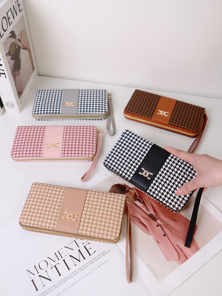 Etiqueta transfronteriza nueva billetera de mujer de pata de gallo billetera larga con estampado de cremallera billetera de moda bolso de tarjeta de teléfono móvil