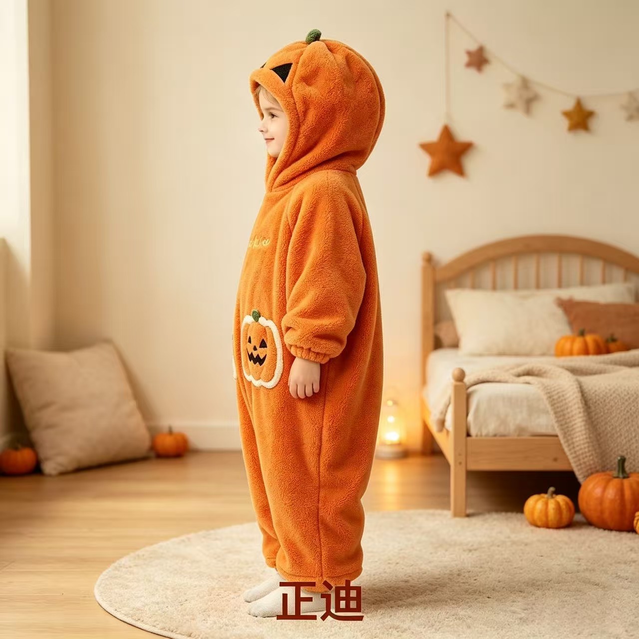 Cross-border Halloween Pumpkin Children's One-piece Pajamas, Autumn and Winter Coral Fleece One-piece Funny Sleepwear, Loose-fitting Home Clothes