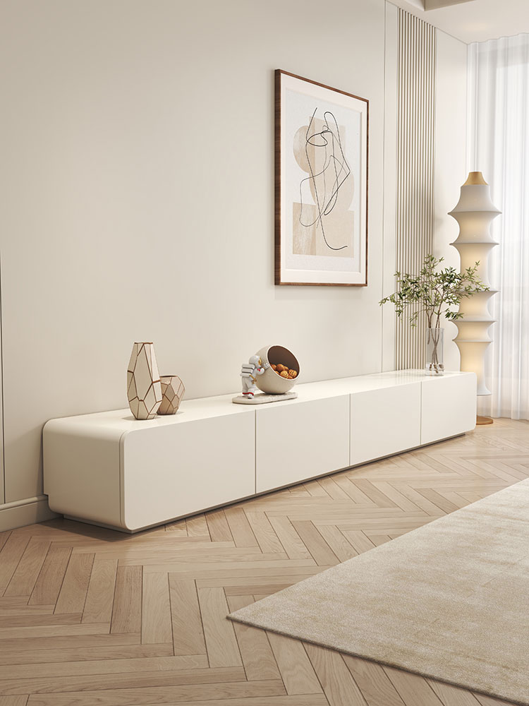 Cream Style Tv Cabinet Coffee Table Combination Modern Simple Solid Wood Rounded Corner Living Room Home White Floor-Standing Tv Cabinet