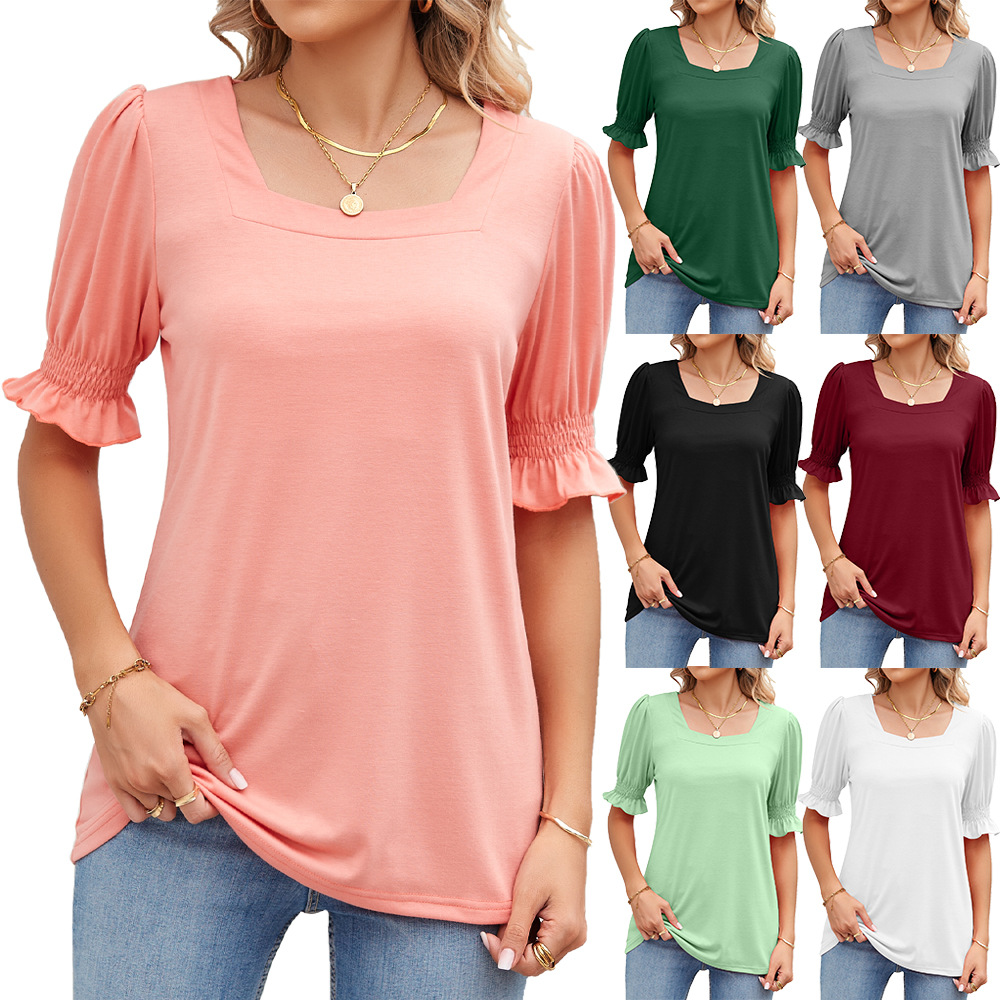 Women's Solid Square Neck Princess Sleeve Short Sleeve Loose T-shirt Top_voghion.com
