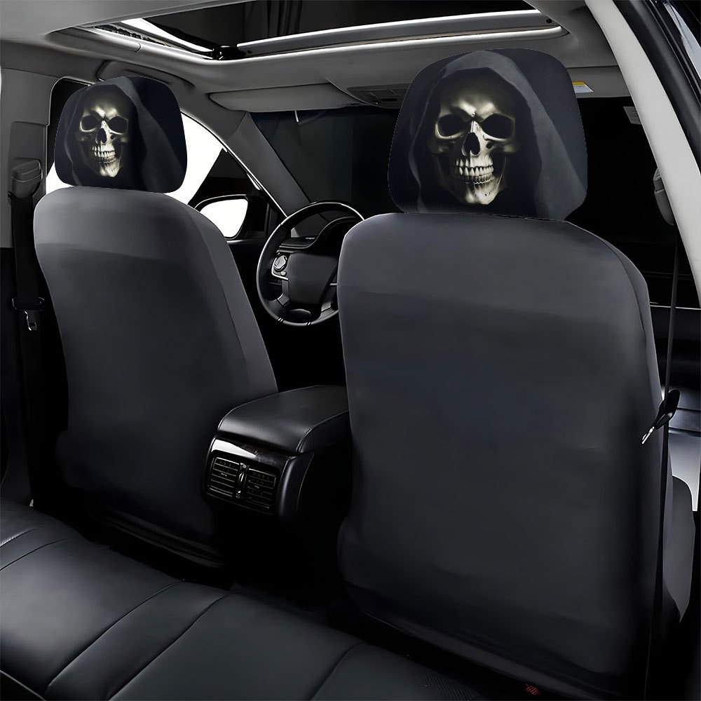 Car headrest cover with gothic death scythe dark-themed personalized print, universal for car interiors, can be customized with labels and made according to provided images