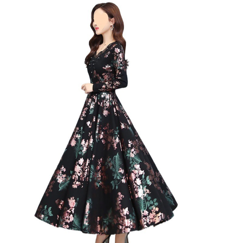 가을과 겨울 새로운 긴팔 중년 어머니는 두껍게 된 하이 엔드 허리 슬림 핏 원피스 기모