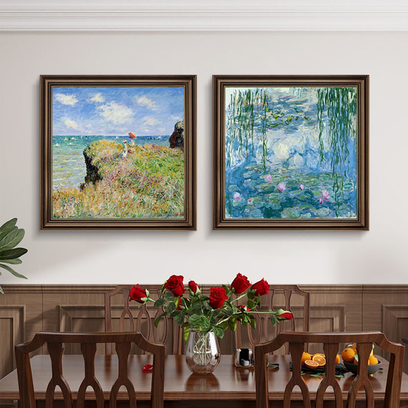 Mural Living Room Hanging Painting American Sofa Background Wall Decoration Painting Monet's Famous Painting Sunrise Impression Landscape Oil Painting Triptych