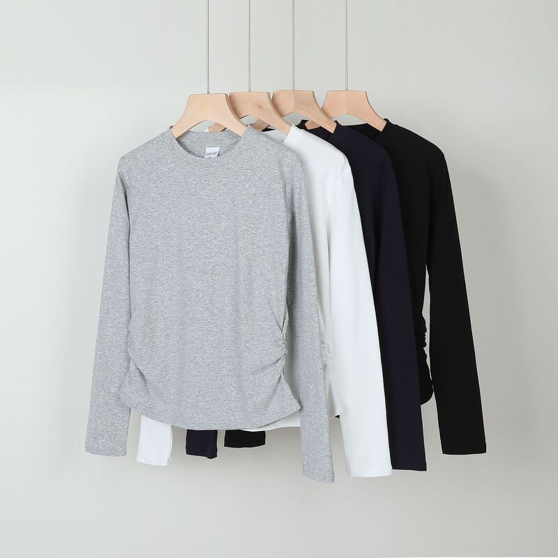 Autumn New Korean Style Slim Waist Design Long-Sleeved T-Shirt for Women 230g Basic Pure Color Bottoming Shirt Round Neck Top Autumn New Korean Style Slim Waist Design Long-Sleeved T-Shirt for Women 230g Basic Pure Color Bottoming Shirt Round Neck Top
