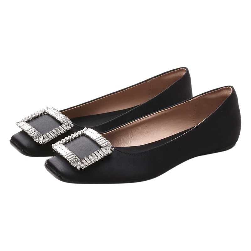 Primavera nuevo satén negro zapatos de una sola capa zapatos planos de punta cuadrada hebilla cuadrada rhinestone todo-partido de corte bajo suave inferior cómodo zapatos de trabajo para las mujeres