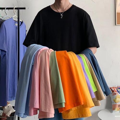 Candy color short-sleeved T-shirt men's summer Korean trend loose casual bottoming shirt pure color all-matching five-quarter sleeve T-shirt