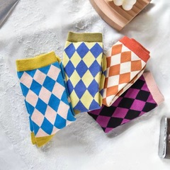 韓版ins菱格撞色中筒襪牛油果綠穿搭襪學生百搭網紅粉紫色襪子女