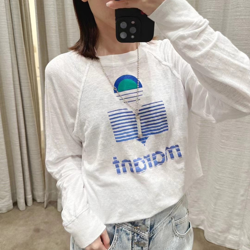 French 25 Autum New Fashion Bamboo Cotton Long-Sleeved T-Shirt Contrasting Pattern Logo Printed Loose Round Neck Top