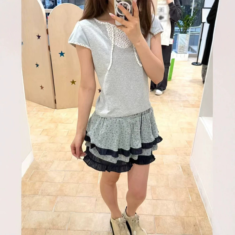 Blogger's Same Style Aeae Korean Designer Brand Sweet Style Patchwork Small Floral Tie Short-Sleeve T-Shirt for Women