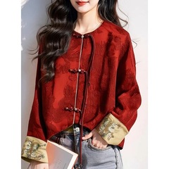 新しい中国風の女性の中国風の赤いボタンタッセルジャケット女性のための春の新しい小さな香りのジャカードトップ