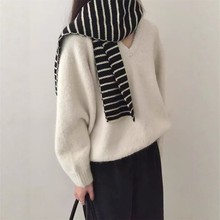 韩系秋冬新款套头毛衣女V领宽松纯色高级感软糯慵懒针织女装上衣