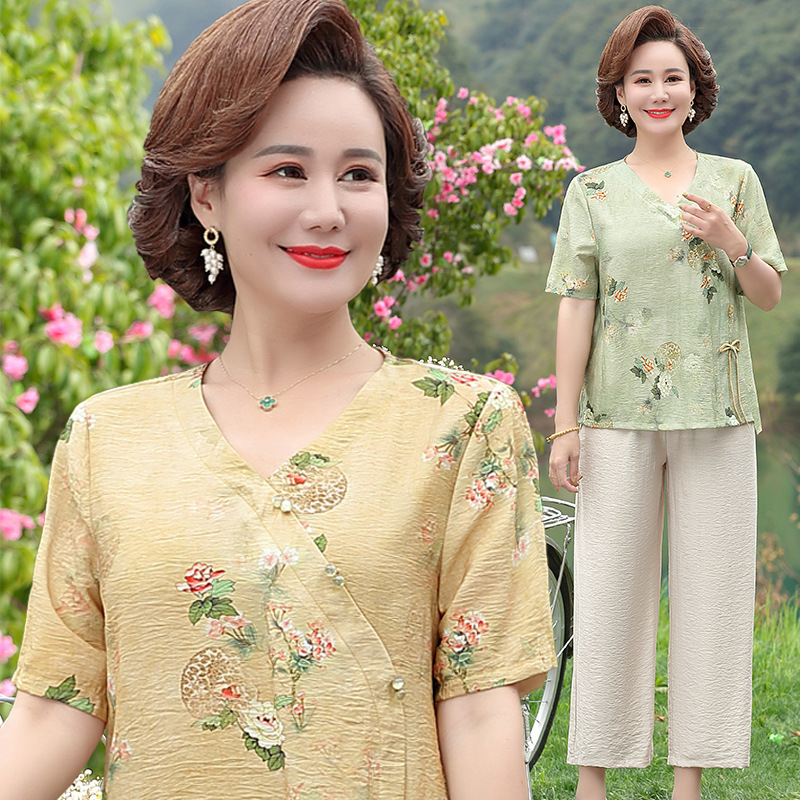 妈妈棉麻套装新款中老年女夏装短袖印花上衣中年大码阔腿裤两件套|ms