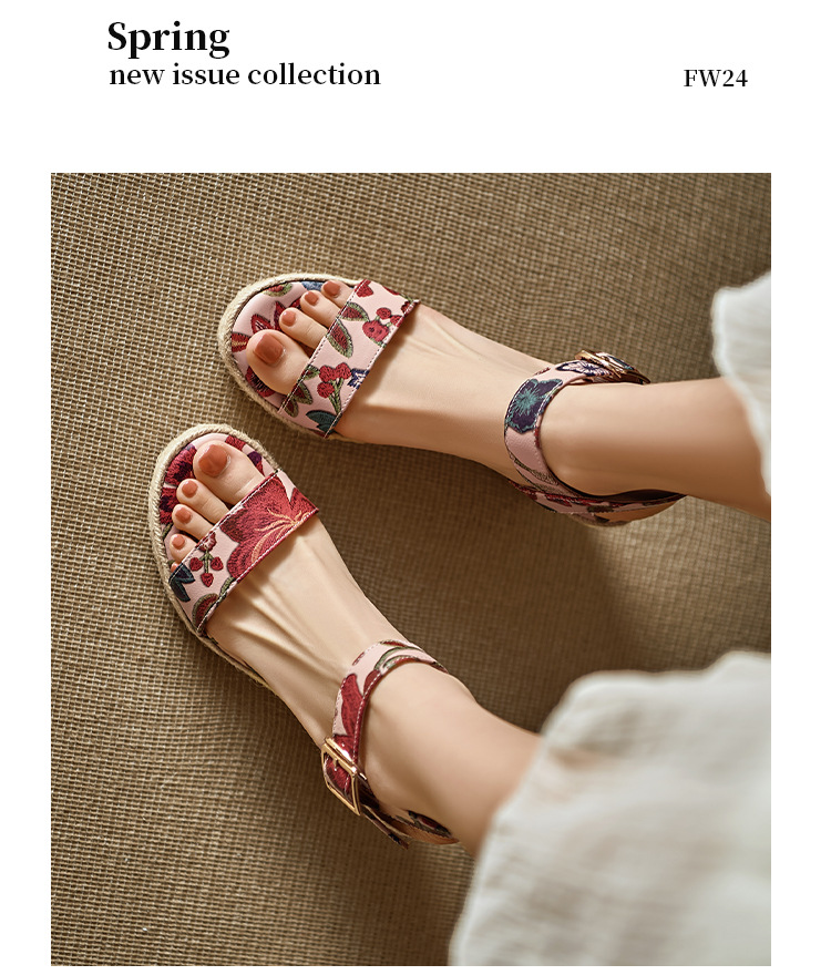 Sandal cao gót nữ hở mũi phong cách Bohemian, đế xuồng đan rơm, quai ngang khóa cài, họa tiết hoa — Xanh trắng, màu hồng nhạt chi tiết 15