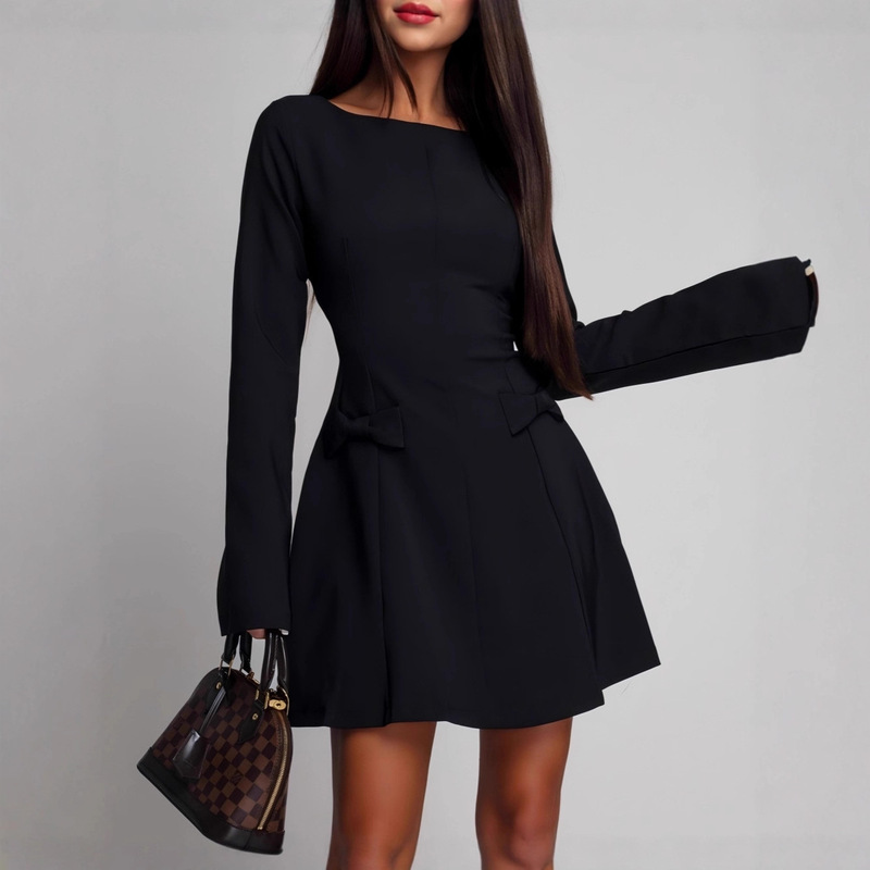 European and American Cross-Border Women's Autumn and Winter Round Neck Fashionable Elegant Elegant Bow Waist Slimming Look Long-Sleeved Mini Dress