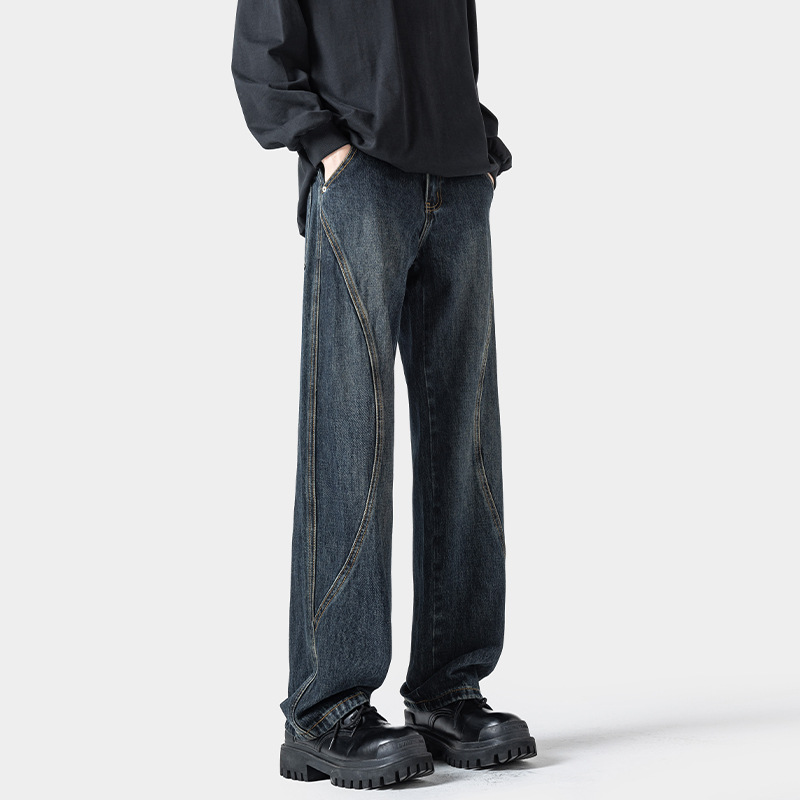 American Retro Patchwork Jeans For Men, Spring Trendy Vibe Loose Wide-leg Casual Pants, Stylish Straight-leg Trousers_voghion.com