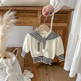 2025 Autumn and Winter Baby Striped Navy Collar Cardigan Sweater Top Tops Sweater Baby Girl Korean Style Clothes
