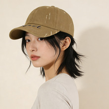新款字母刺绣水洗棒球帽女美式复古破洞做旧鸭舌帽情侣款百搭帽子