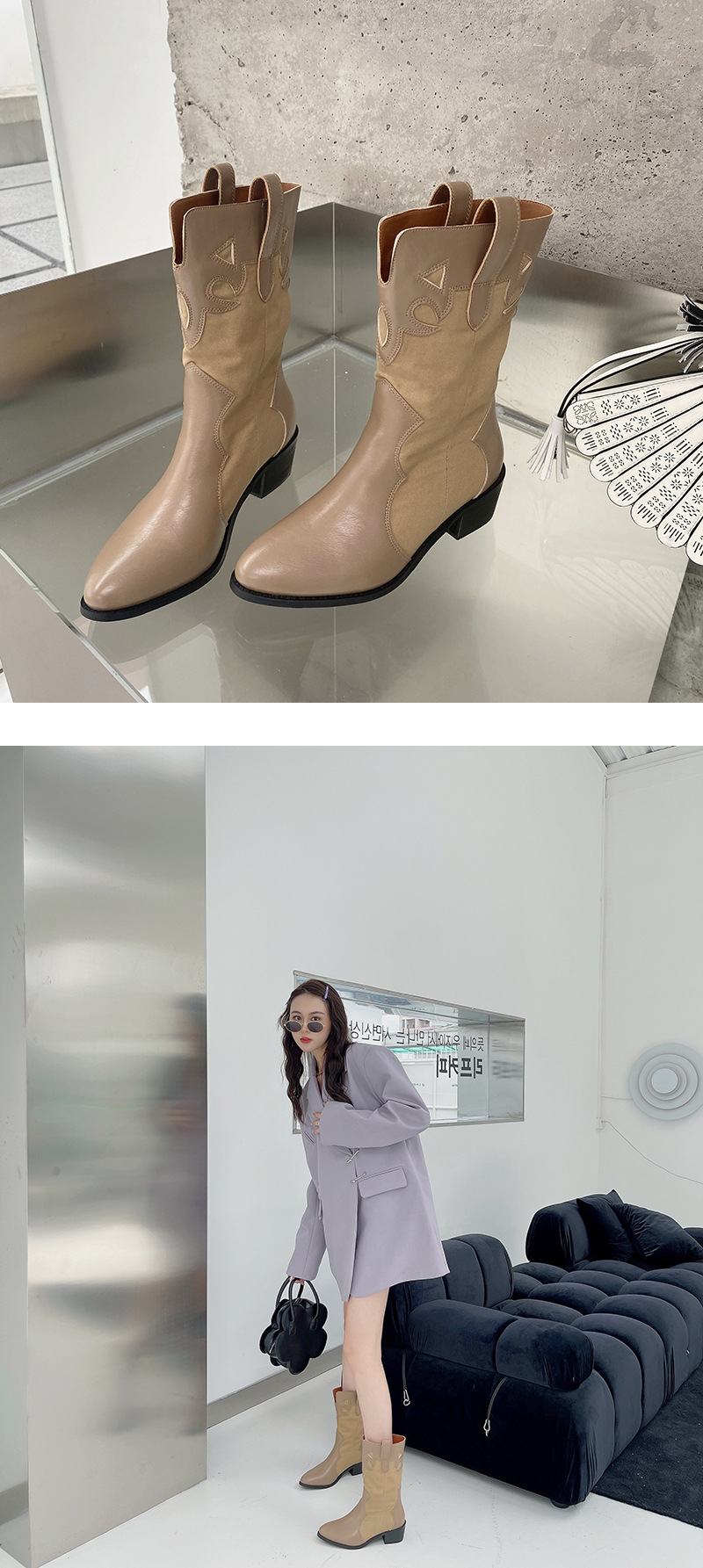 2024 Fashion Pointed Korean Edition Temperament Splicing Simple and Versatile Sleeve Thick Heel Short Boots for Women_voghion.com