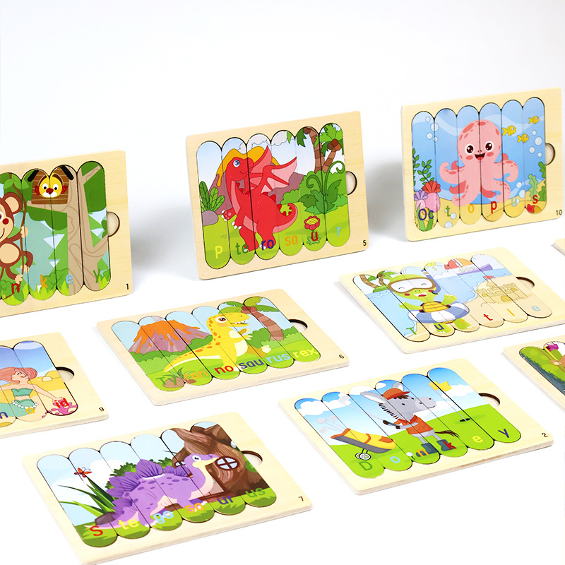 创意木制条形拼图儿童早教益智卡通动物故事交通双面木制拼板玩具