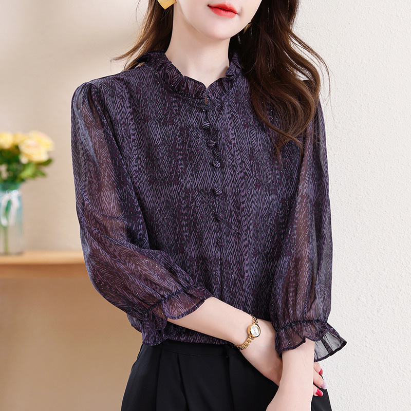 Hangzhou High-End Brand Silk Shirt for Women, Three-Quarter Short Sleeve Floral Blouse, High-End Feel, Comfortable Mulberry Silk Top