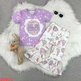 新款婴幼儿童套装外贸批发紫色复活节兔子女孩喇叭裤套装