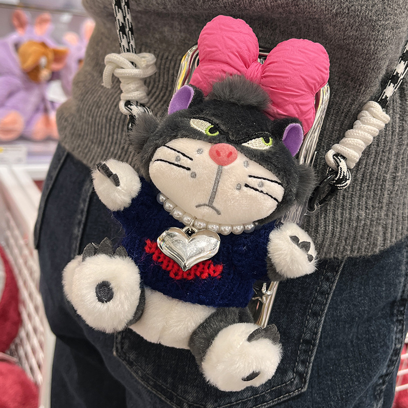 Teléfono móvil correa de cuerda ajustable desmontable encantador dibujos animados súper villanos felinos muñecas de peluche caja de teléfono móvil clip de espalda anti-perdida