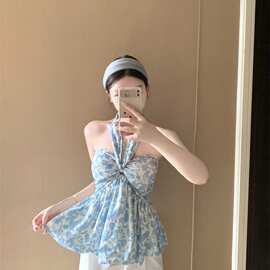 适美纯欲风蓝色碎花减龄系带抹胸背心女夏季百搭显瘦气质上衣
