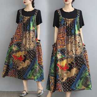 Real Shot Printed Suspender Skirt Women's Summer New Suspender Mid-Length Skirt Short-Sleeved T-Shirt Two-Piece Suit Over-The-Knee Dress