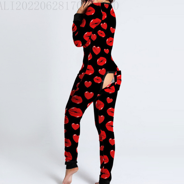 Foreign Trade Autumn and Winter European and American Button Flip Adult Pajamas Front Functional Red Long-Sleeved Home Wear Jumpsuit Foreign Trade Autumn and Winter European and American Button Flip Adult Pajamas Front Functional Red Long-Sleeved Home Wear Jumpsuit