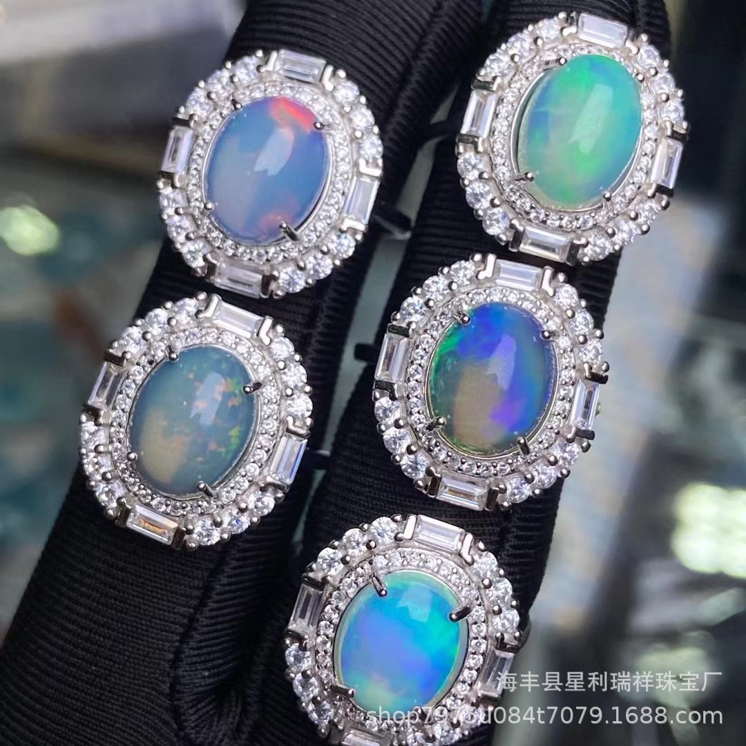 天然澳宝石欧泊戒指镶嵌s925银彩虹色满火彩石体欧泊s925银戒指