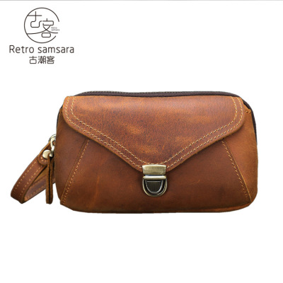 New pockets 7-inch CRAZY HORSE Mobile phone bag Double lid leisure time genuine leather Buckle Wear resistant cowhide bag