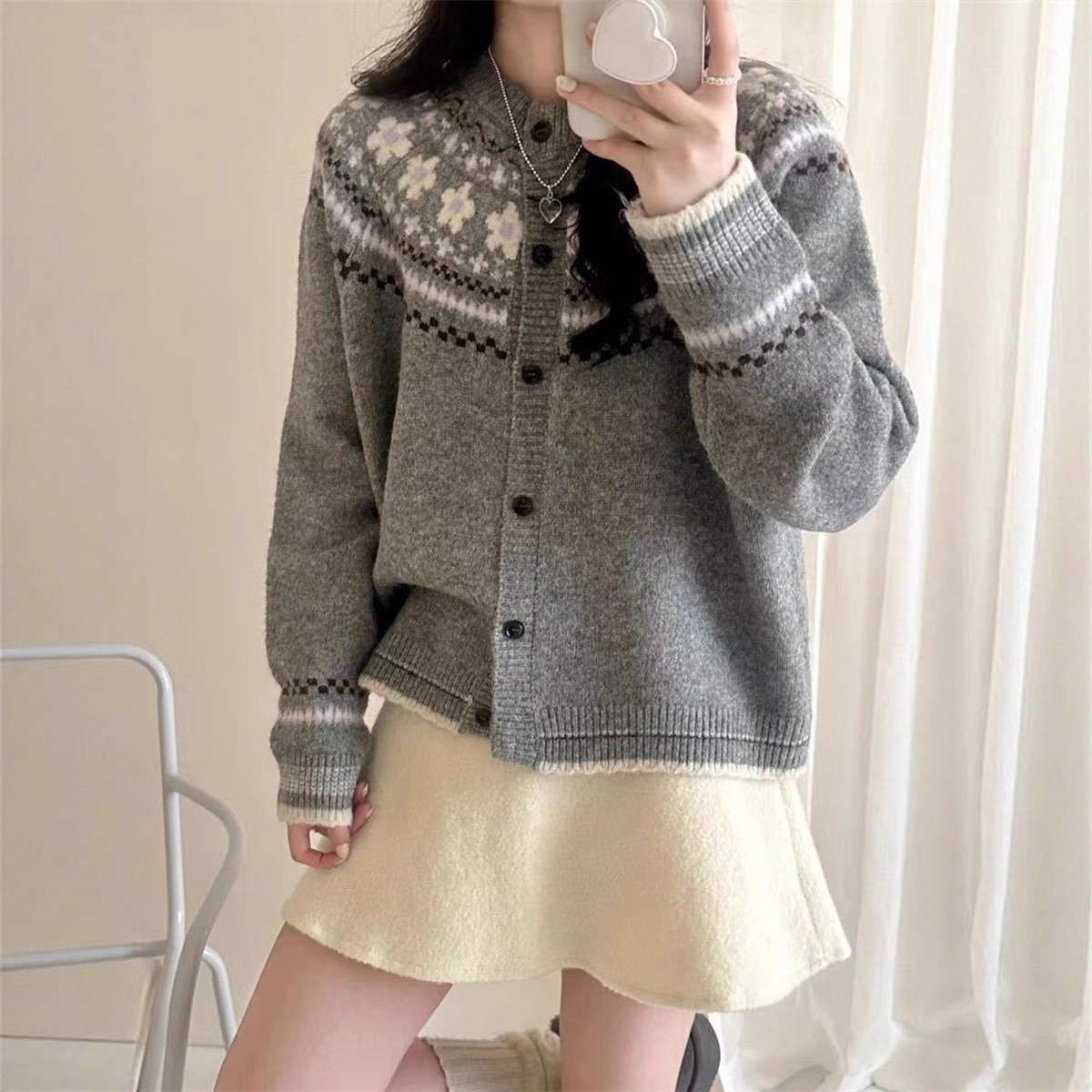 韩系撞色提花针织开衫女宽松短款慵懒风外搭上衣秋冬新款毛衣外套