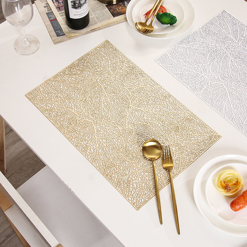 Rectangular Leaf-Shaped PVC Table Mat with Exquisite Gold Foil Embroidery, Nordic Style Dinner Table Mat, Tea Table Mat