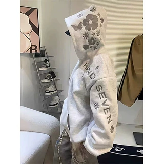 美式高街字母刺绣连帽卫衣女加绒秋冬慵懒风宽松oversize情侣外套