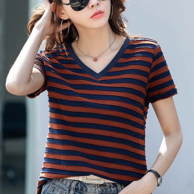 Женская хлопковая футболка с коротким рукавом, лето 2025, корейский стиль, новая полоска, свободный крой, простой универсальный дизайн, топ с коротким рукавом