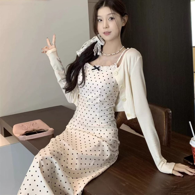 Korean-Style Elegant Lace Collar Polka Dot Suspender Dress for Women, Summer 2026 New Versatile Single-Breasted Cardigan Set