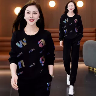 气质重工烫钻休闲运动服套装女春秋季新款减龄宽松套头卫衣小个子