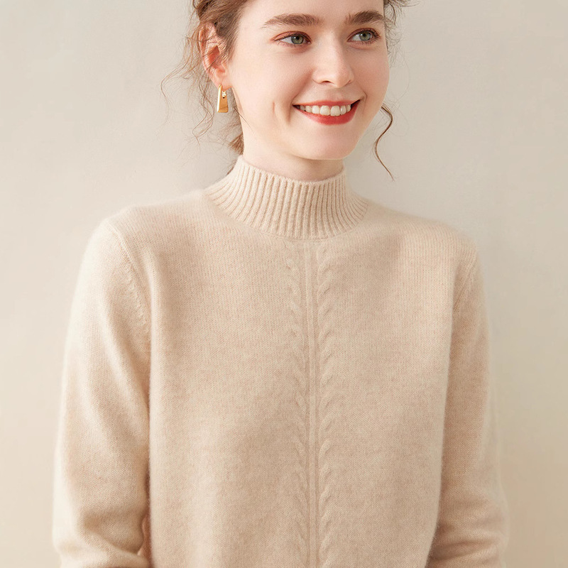 Thickened Front Floral Half-Turtleneck Cashmere Sweater for Women, Pure Cashmere Base Layer Sweater, Women's Sweater, Commuter Style