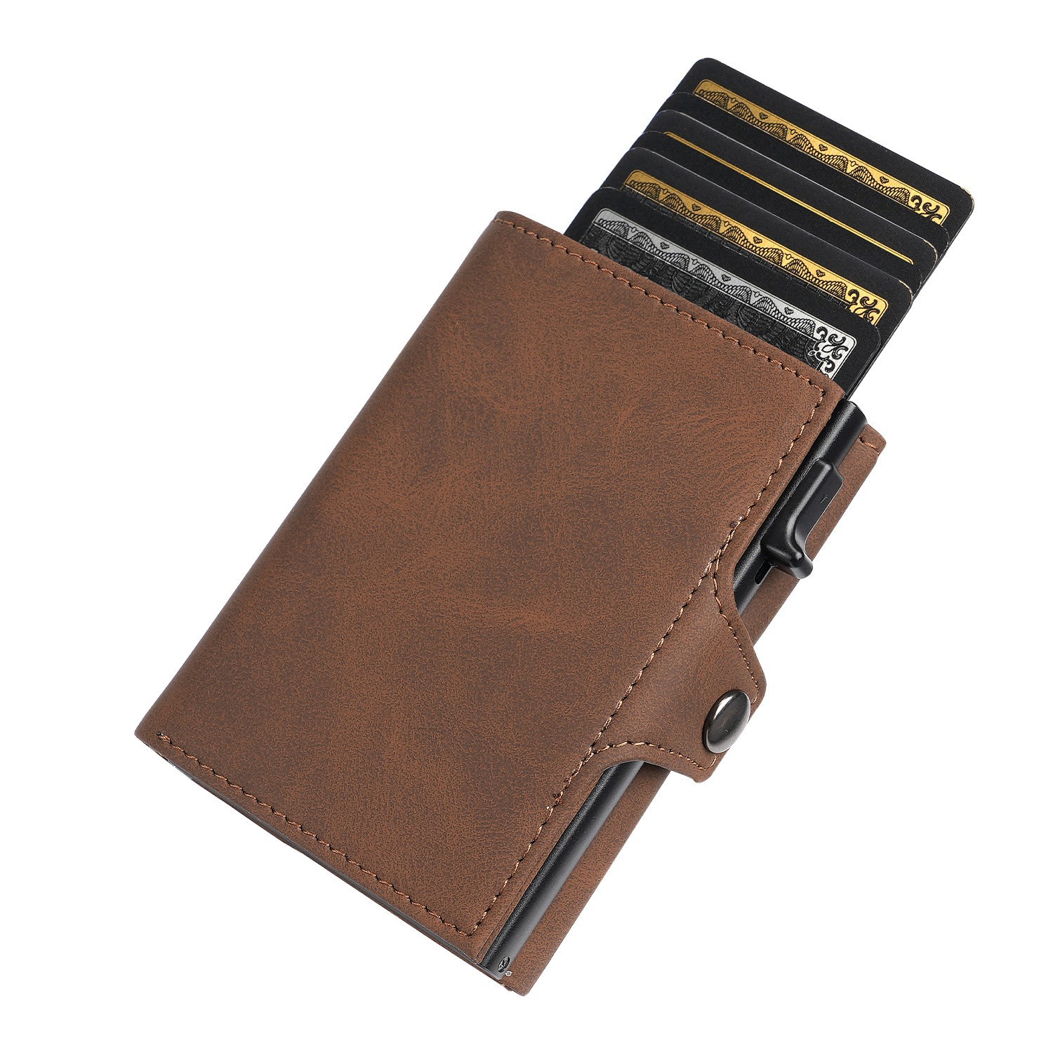 Amazon multifuncional con cremallera, funda para tarjeta, empuje lateral, caja de tarjeta de metal, hebilla, billetera de cuero para hombre